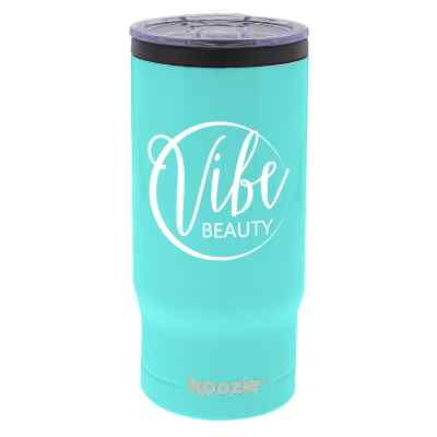Metal light blue slim can cooler with custom imprint.