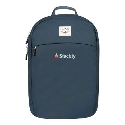 Blue recycled polyester backpack with embroidered logo.