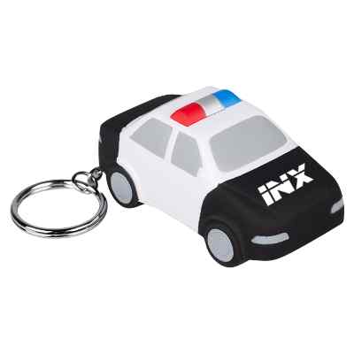 Foam police car stress ball key chain with an imprinted logo.