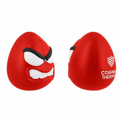 Foam angry mini maniac stress ball with an imprinted logo.
