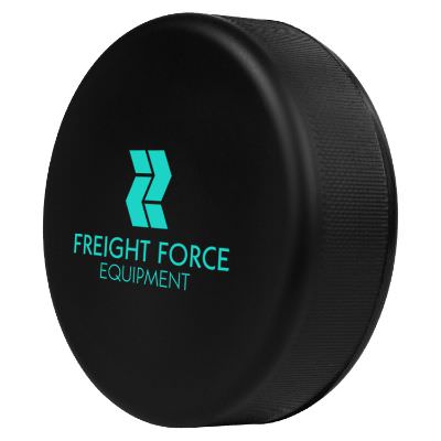 Foam black hockey puck stress ball with a custom imprint.