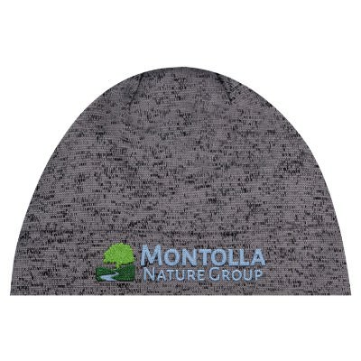 Custom embroidered grey heathered knit beanie.