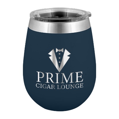 Stainless navy wine tumbler with custom engraved logo.