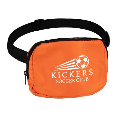 Orange fanny pack with a white customized logo.
