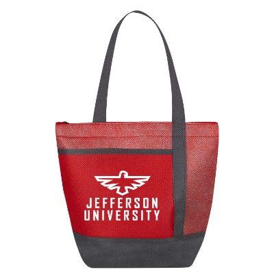Red non-woven polypropylene can lunch cooler with custom logo.