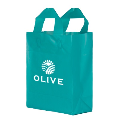 Plastic teal color frosted shopper bag logoed.