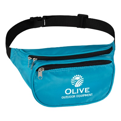 Neon blue fanny pack with personalized logo.