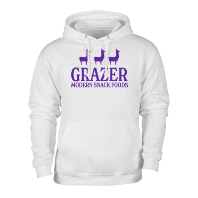 Custom white hooded sweatshirt with logo.