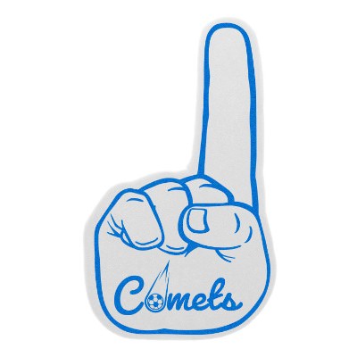 White foam finger with a personalized imprint.