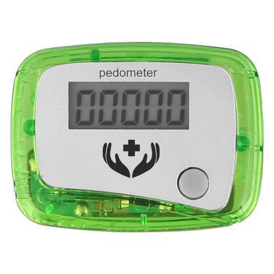 Plastic green pedometer with custom imprint.