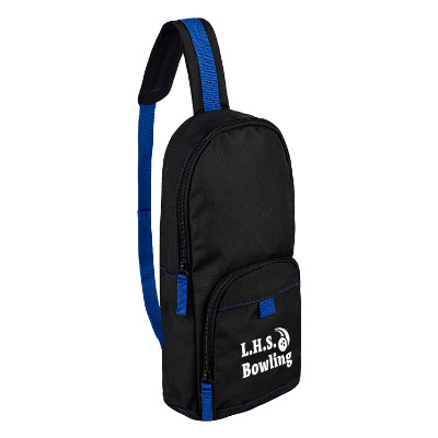 Black sling bag with blue accents and white imprint.
