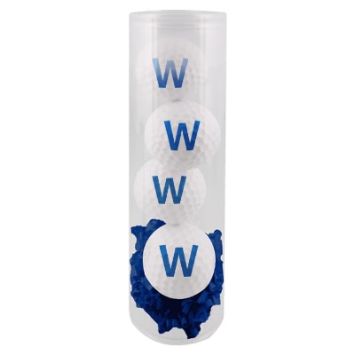 Blue plastic 4-pack golf ball lip balm with a custom imprint.