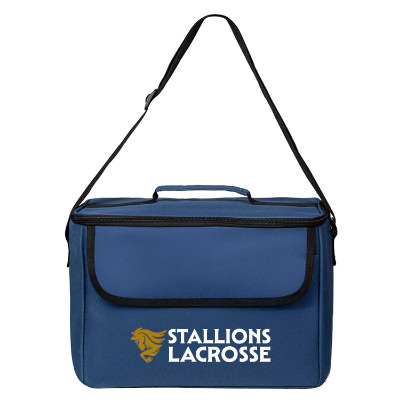 Blue polyester cooler with a customized logo.