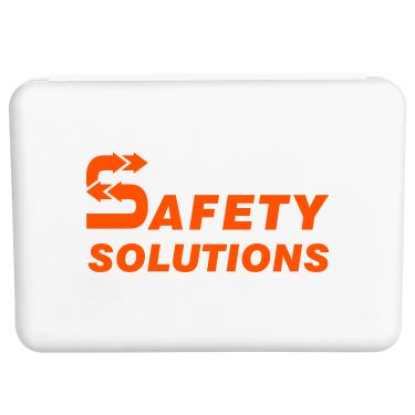 Plastic white first aid kit with a customized imprint.