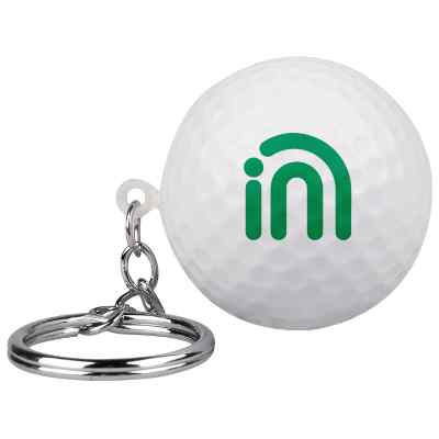 Foam golf ball stress ball keychain with custom imprint.