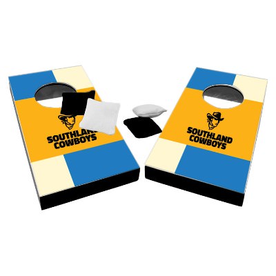 Desktop cornhole game with custom full color logo on top of board.
