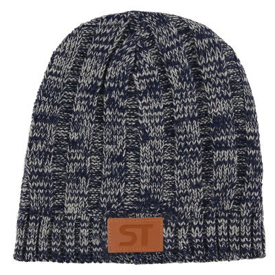 Customized debossed navy blue beanie.