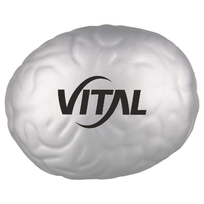 Foam blue brain stress ball with imprinted logos.