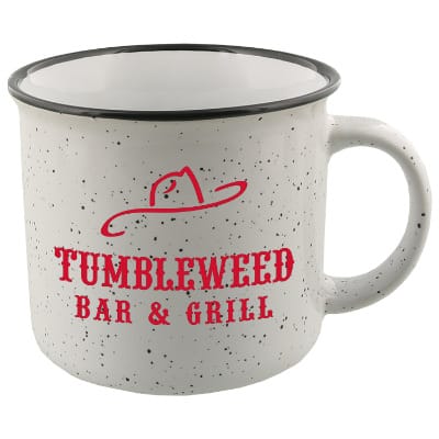 Ceramic white coffee mug with c-handle and custom branding in 15 ounces.