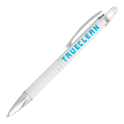 White metal pen with a branded imprint.