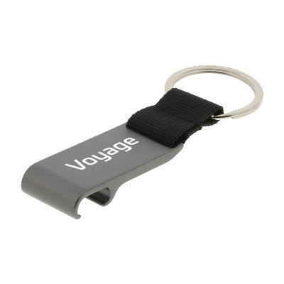 Wide red aluminum bottle opener with nylon and metal key ring with custom imprint.