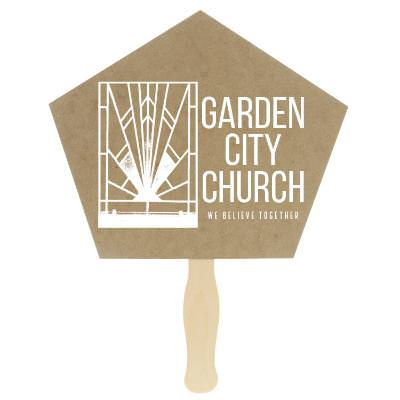 Paper brown hand fan with a personalized imprint.