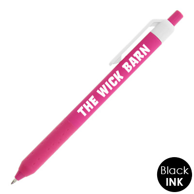 Colored pen with white clip and personalized logo.