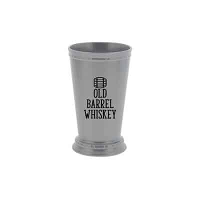 Acrylic silver mint julep glass with custom logo in 5 ounces.