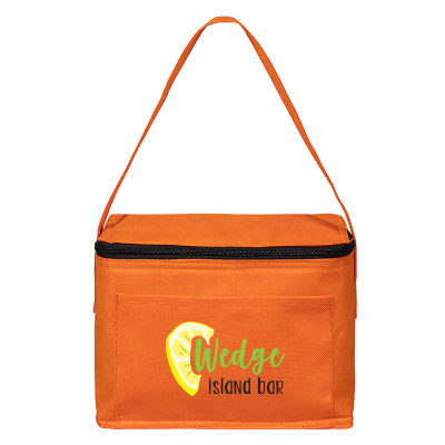 Orange polyester cooler with branded logo.