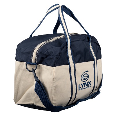 Navy and natural gym bag with custom blue logo.