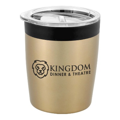 Gold wine tumbler with custom logo.