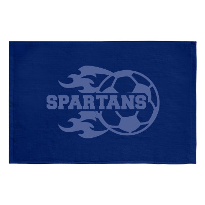 Blue sports towel with custom tone on tone imprint.