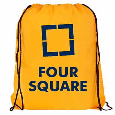 Polyester athletic yellow drawstring bag with personalized logo.