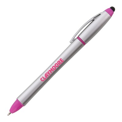 Pink plastic highlighter with a branded imprint.