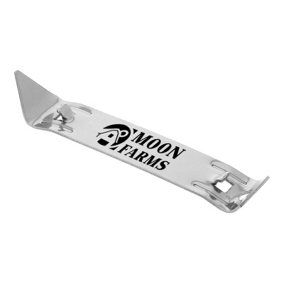 Stainless steel silver church key bottle opener with custom imprint.
