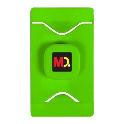 Green plastic phone wallet with a custom imprint.