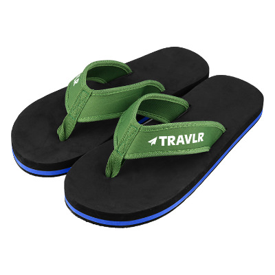 Black and royal blue flip flops with green straps and custom logo.