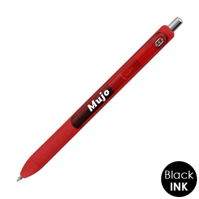 Red plastic pen with a personalized logo.