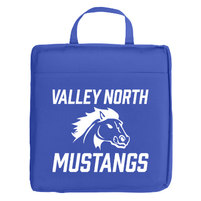 Blue polypropylene seat cushion with a branded logo.