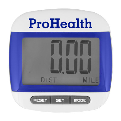 Plastic blue and whtie pedometer with custom logo.