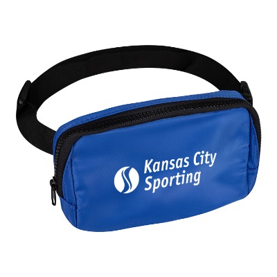 Custom blue belt bag with personalized imprint.