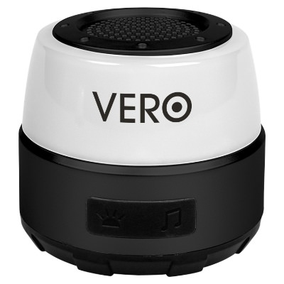 Black plastic speaker with a branded logo.