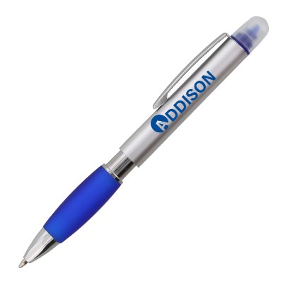 Blue plastic highlighter with a personalized imprint.
