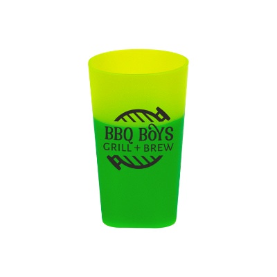 Plastic light blue to purple mood altering shot glass with imprint in 2 ounces.