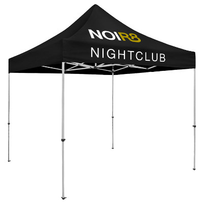 Black 10-ft. tent with custom imprint.