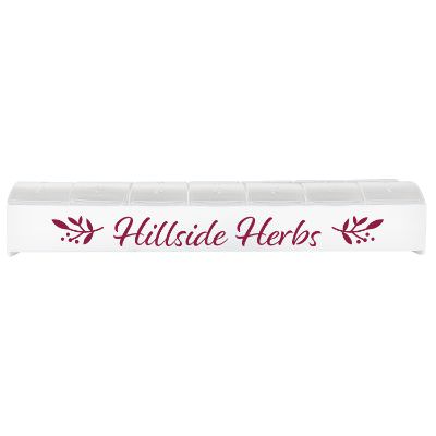 Plastic white pill box with a branded logo.