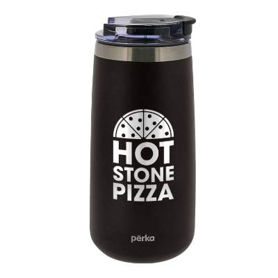 Black tumbler with an engraved logo.