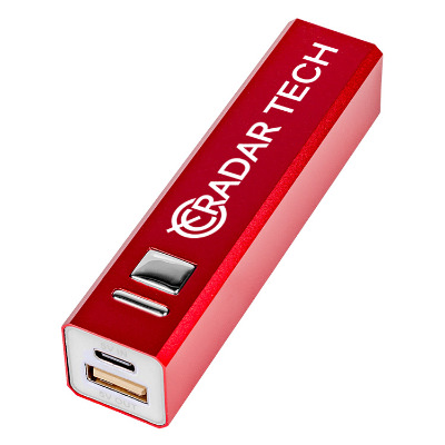 Red aluminum power bank with a custom logo.