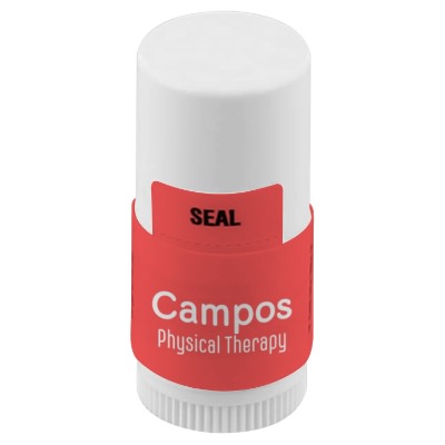 White plastic lip balm with a branded logo.