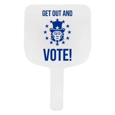White plastic hand fan with a custom logo.